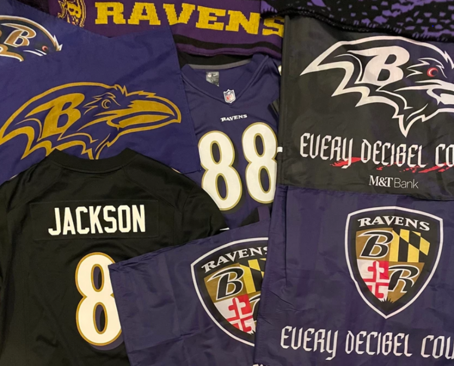 A display of Ravens fan items, including a Lamar Jackson jersey
