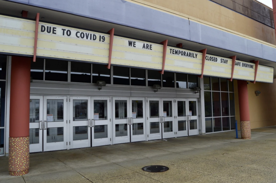 The marquis of the closed Regal Hunt Valley movie theater as it appeared in April 2020, from a pandemic photo series by Jack Weinberg, '21