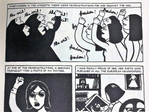 Iranian women protest, in panels from Marjane Satrapis graphic novel Persepolis, published by Pantheon Books.