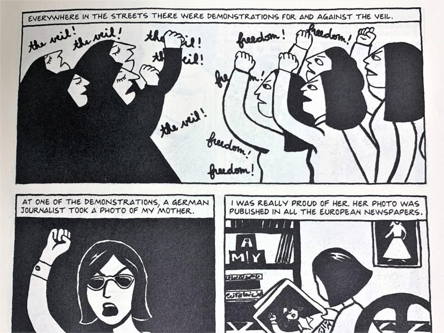 Iranian+women+protest%2C+in+panels+from+Marjane+Satrapis+graphic+novel+Persepolis%2C+published+by+Pantheon+Books.