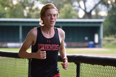 Junior Hudson Weber (pictured here at a meet on September 28th), led the Friends Varsity XC team to victory in their first-ever B conference meet on September 21st.