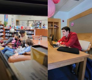 I compared busy FSB study spots, like the Upper School Library (left), and quieter ones, like Senior Hall in the early morning (right).