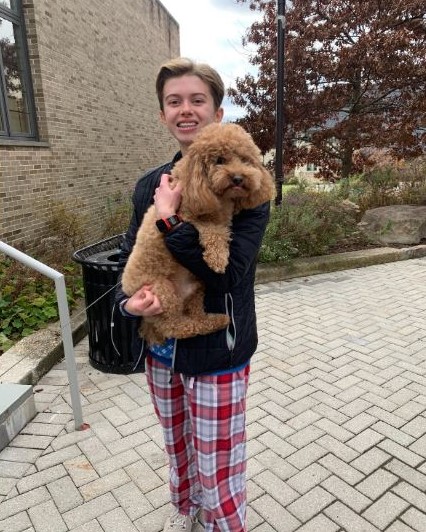 Kaylyn Parks snuggles Ms. Carlin's dog Basil, at an event in the quad to help students manage the stress of exam time.