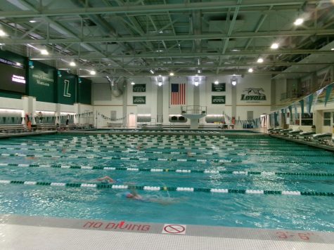 The pool at Loyola University Fitness and Aquatic Center, where my friends and I swim daily, and where this podcast takes place.