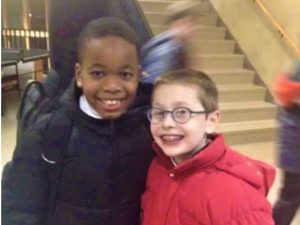 Jordan Sauders and Francesco Stiavelli, seen here as 6th graders in the Friends Middle School lobby, have been partners in mischief for eight years.