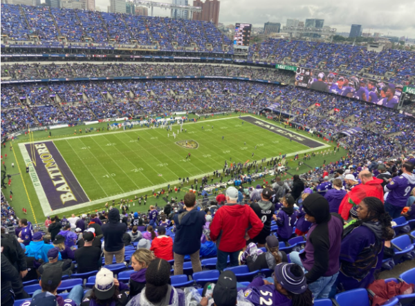 Fans stand to watch the action during last weeks Baltimore Ravens game.