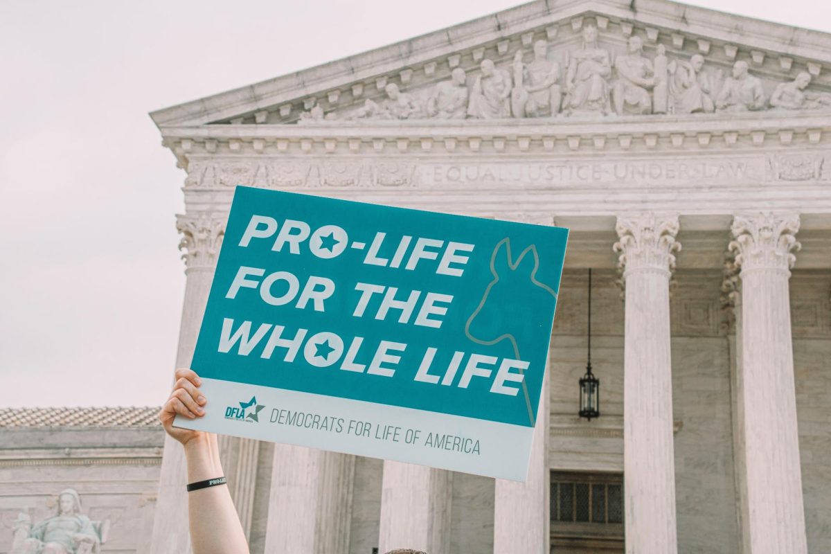 An activist holds a sign using the phrase pro-life outside the United States Supreme Court.
