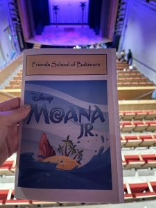 Forbush Auditorium and the program for the Friends Middle School production of Moana Jr., as seen from the spot booth.