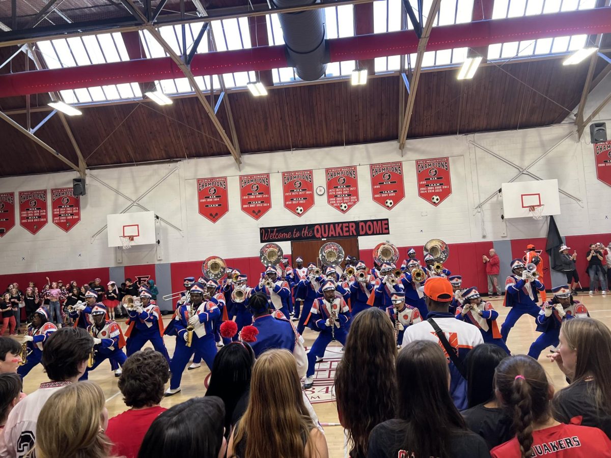 The Morgan State Marching Band bring a spirited performance to the Quaker Dome. 