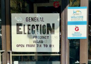 This sign greeted those arriving to vote at Grace United Methodist Church in Baltimore's Roland Park neighborhood.