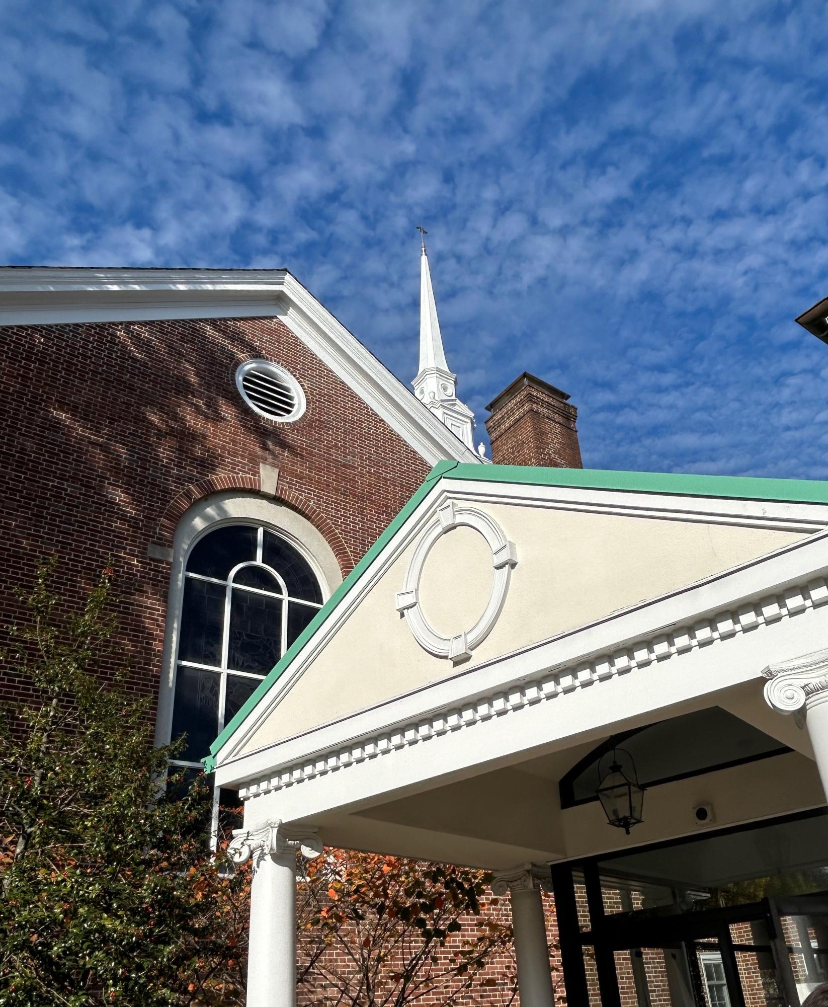 The spire of Grace United Methodist Church rises over the polling place on election day morning.