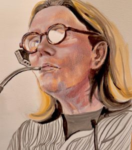 This painting of Koniezhny, showing some of the assistive technologies she uses, was painted by sophomore Amalia Danai '28, based on a photo by junior Ruben Smith '27 in December 2025.