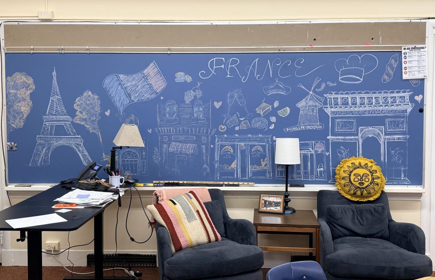 The chalk mural that Ellie Oakes and Lily Roach made on Ms. Koniezhny's blackboard over the summer of 2024 is still there, and cherished, in the spring 2026.