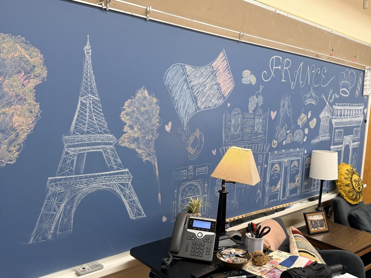 The chalk mural that Ellie Oakes and Lily Roach made on Ms. Koniezhny's blackboard, as seen from her desk.