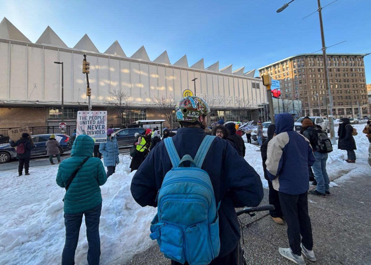 By the end of the protest, a crowd of hundreds had dwindled to about 40 people in the icy weather.