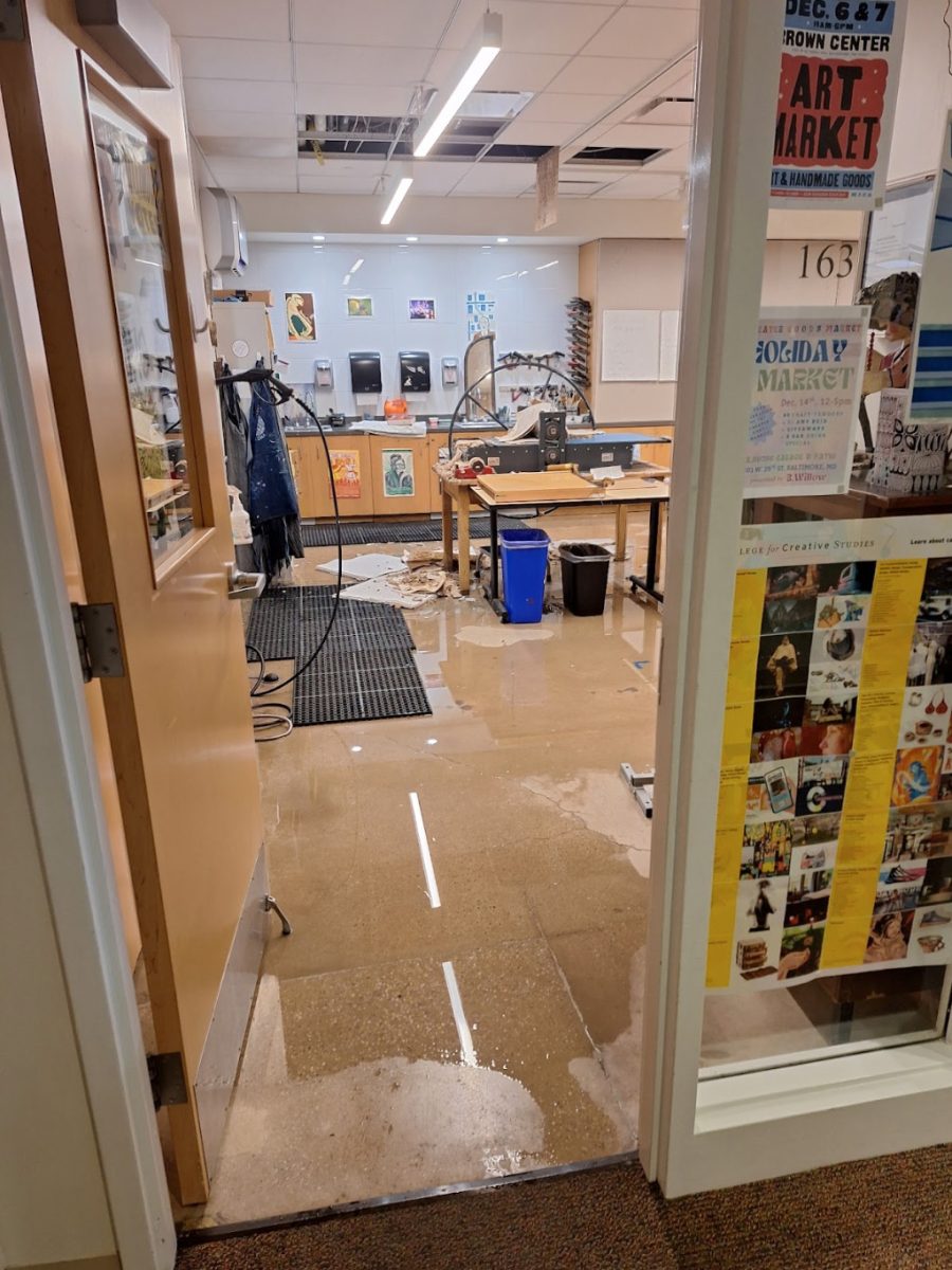 When students returned to school after Thanksgiving, standing water remained in Erin Hall's first-floor art room in Forbush, following a flood over break.